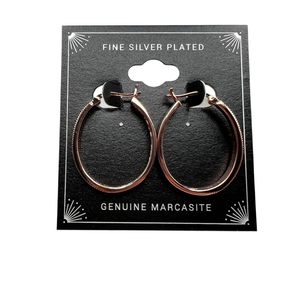 NWT Rose Gold Fine Silver Plated Genuine Marcasite Oval Hoop Earrings